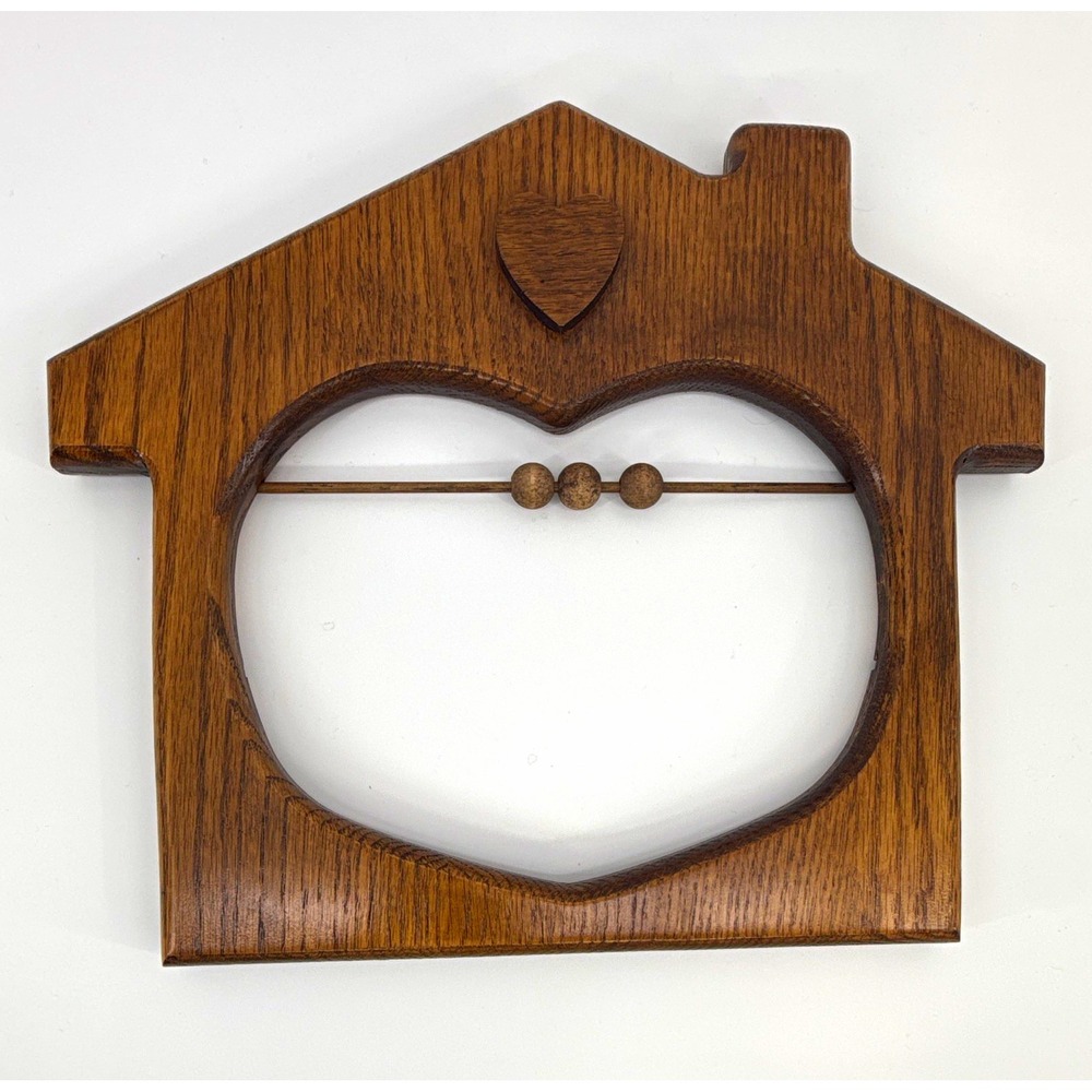 VTG solid oak heart wall hanging decor home beads cottagecore grandmacore 80s 90